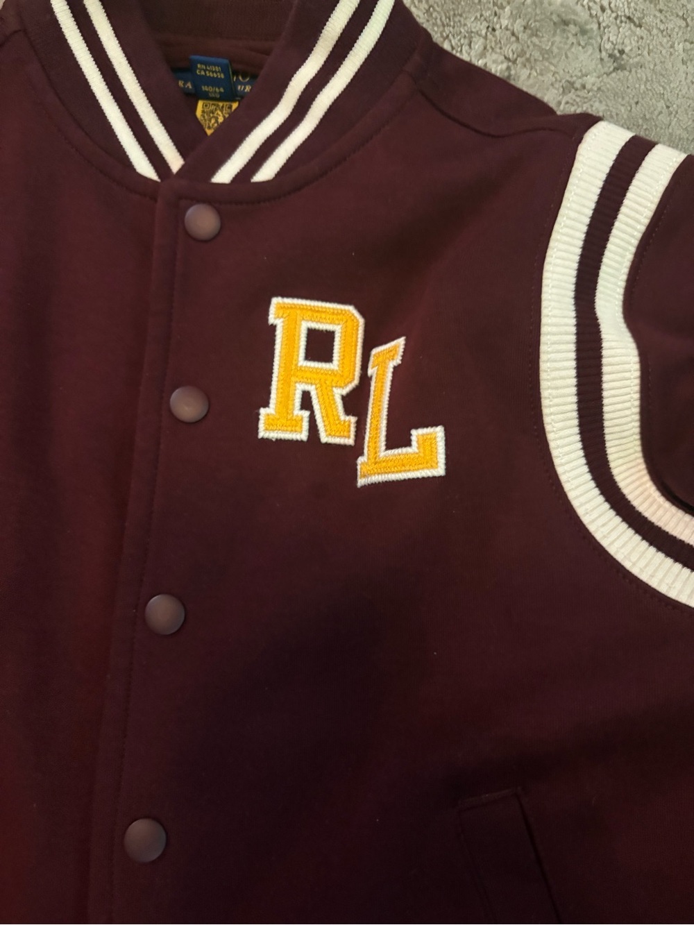 Ralph Lauren Maroon and White Letterman Vest with Yellow RL Patch